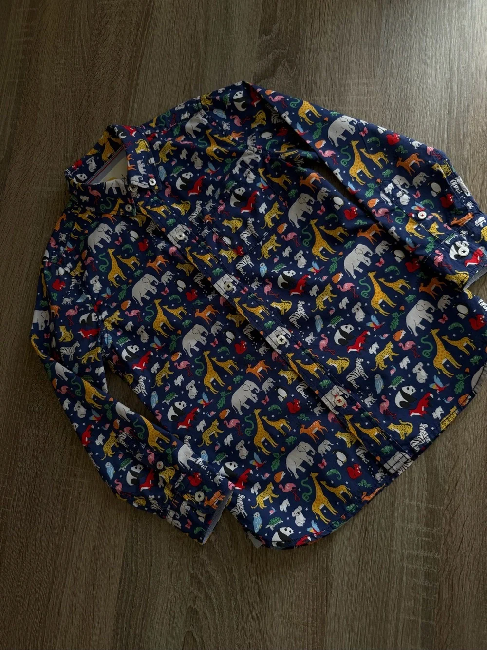 Mini Boden Navy Shirt with Colorful Animal Print 7-8
